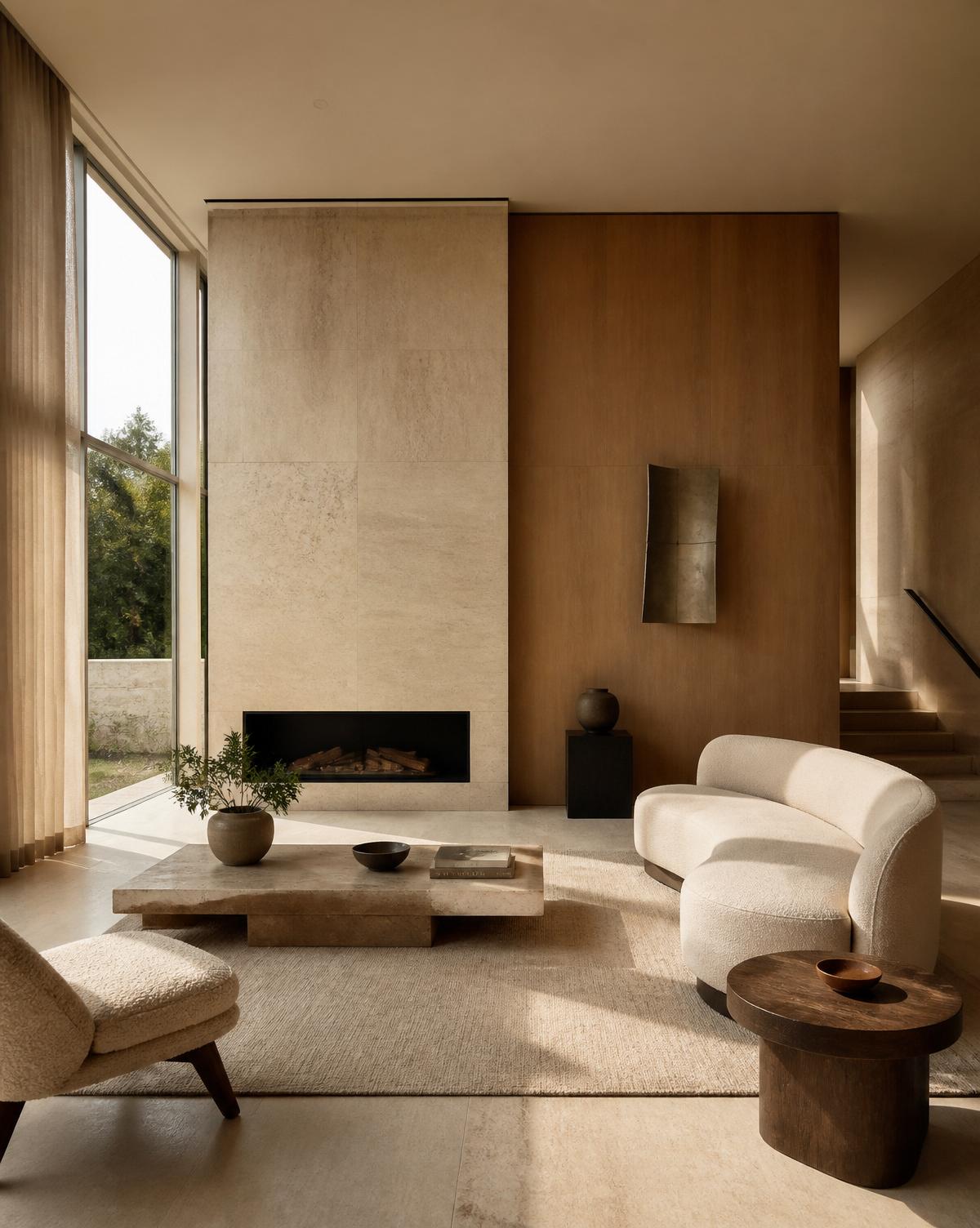 Warm minimal living room interior designed by AVINYA